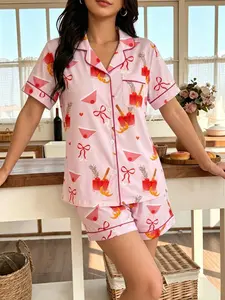 Women's Two-Piece Pajama Set, Short Sleeve Button Top & Loose Shorts, Bow Wine Glass Print, Casual Nightwear for Home Use