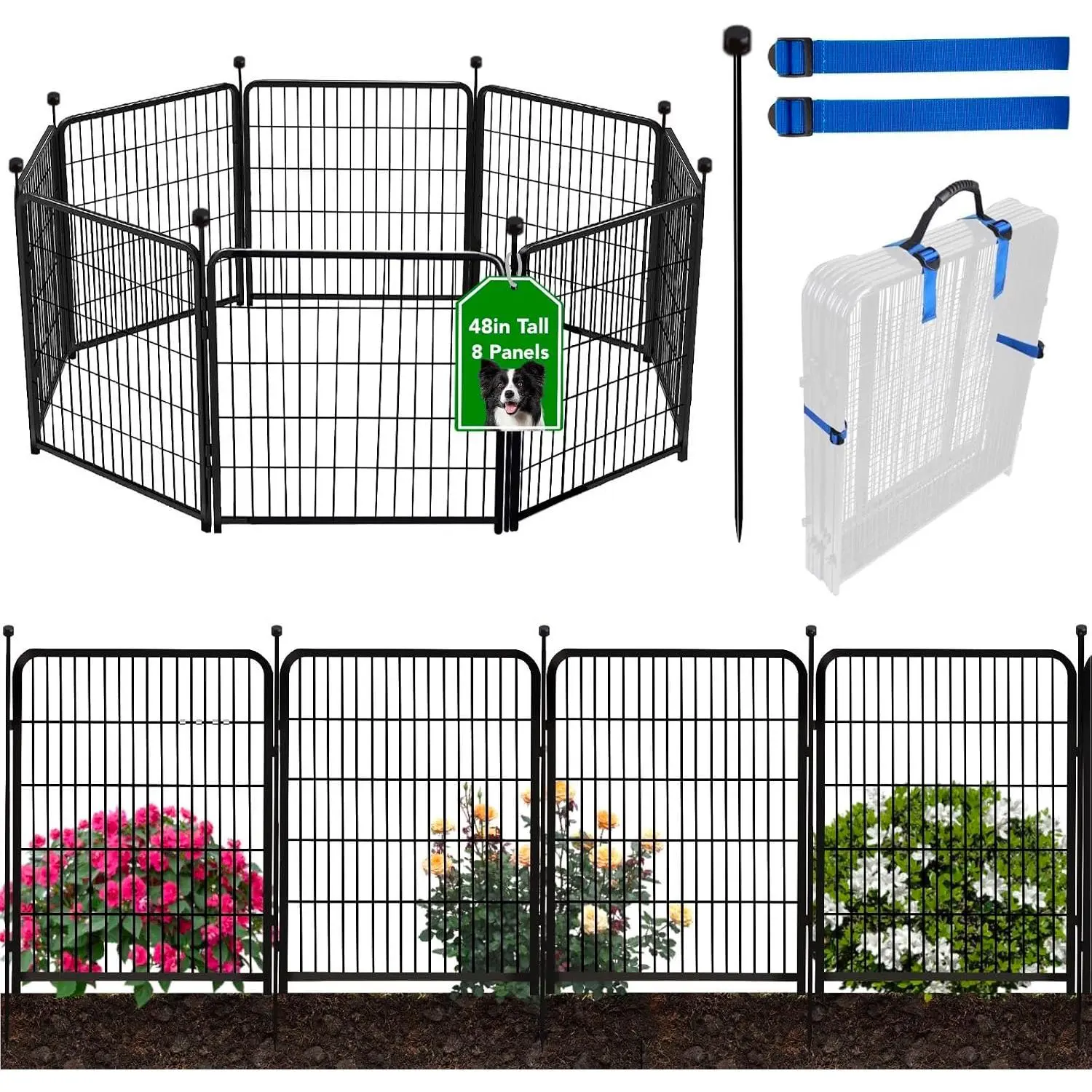48 in(H) Garden Fence without Gate, 8 Panels  17.7 Ft(L),  Fence Outdoor For Yard, Fencing for garden beds,  Digging Fences Barrier, Black Iron Metal Heavy  Fences and Borders