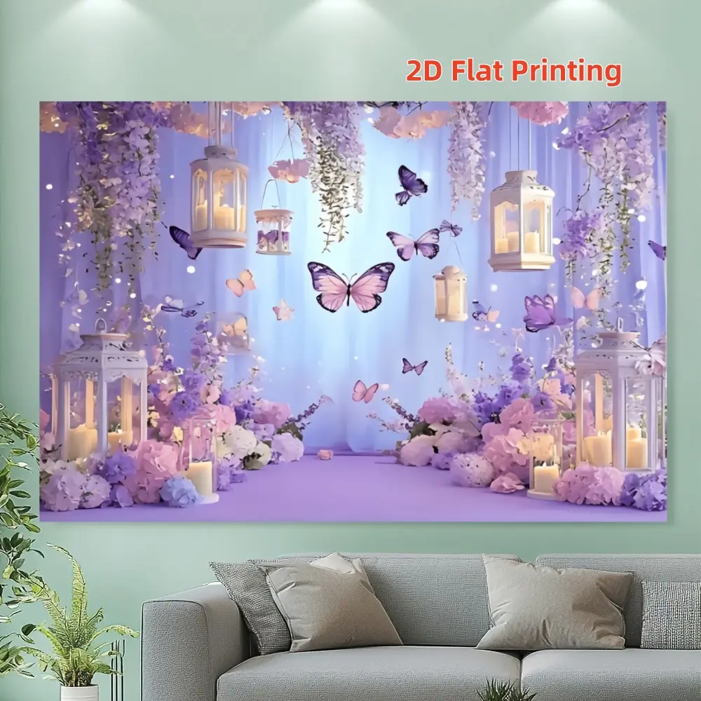 2D Flat Banner 1pc purple wisteria flower butterfly lantern background cloth, fantasy floral gauze hanging cloth, wedding, celebration, photo shooting, party photography wall decoration, polyester material