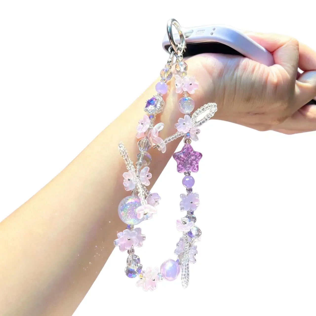 Creative Beaded Chain Alloy Hexagram Rhinestone Phone Lanyard, Unique Floral Design, Anti-Loss Strap, Decorative for Phone/keys/bag/camera