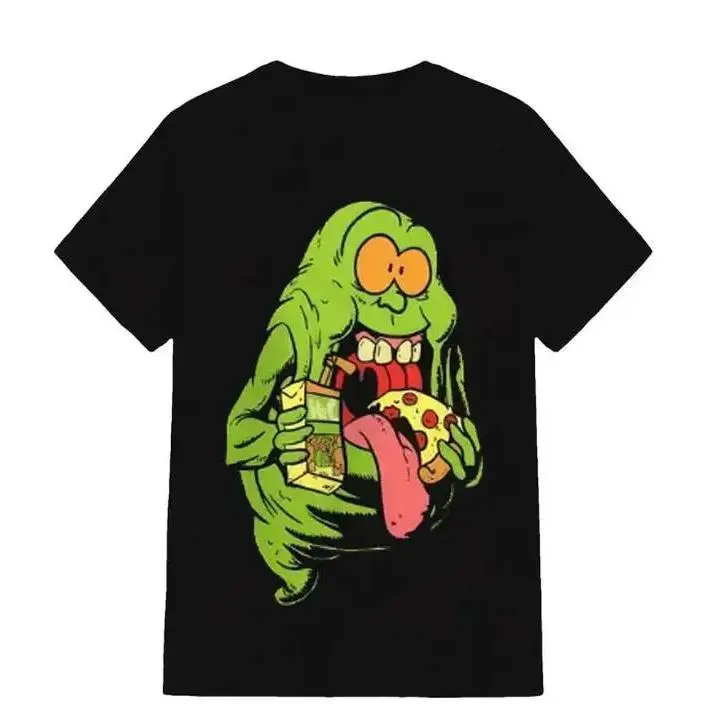 Slimer Ghostbusters Foodie Retro Black Short - Sleeved T - Shirt Cartoon Ghost Graphic with Pizza Juice Casual Streetwear Crew Neck Graphic Tee Unisex for Movie Comedy Enthusiasts Funny Thanksgiving Graduation Gift Soft