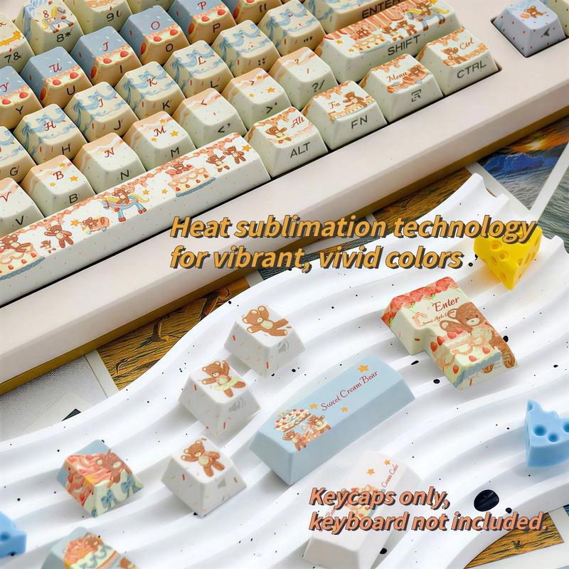 New 120-key Cream Bear Themed Side-Engraved Translucent Keycaps, CHERRY Profile Double-Shot PBT Material, Adopting 5-Side Dye-Sublimation Technology, Wear-Resistant, Anti-Shine, Mechanical Keyboard Keycaps, Gaming Keyboard Keycap