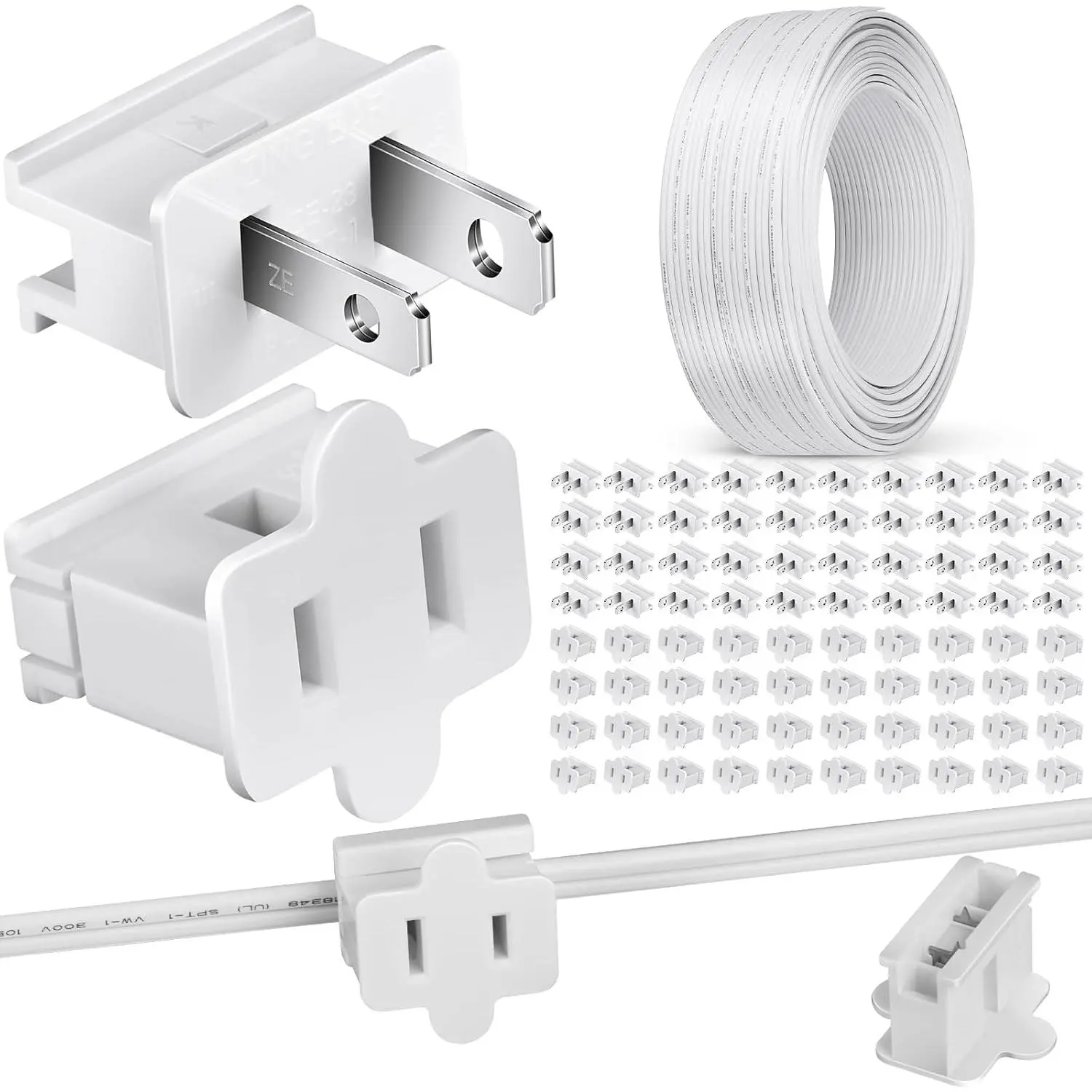 18/2 Electrical Wire with Extra Vampire PlugsChristmas 18 Awg Extension Wire Landscape for Christmas Lights Outdoor Decoration(300 ft,SPT-1,White)