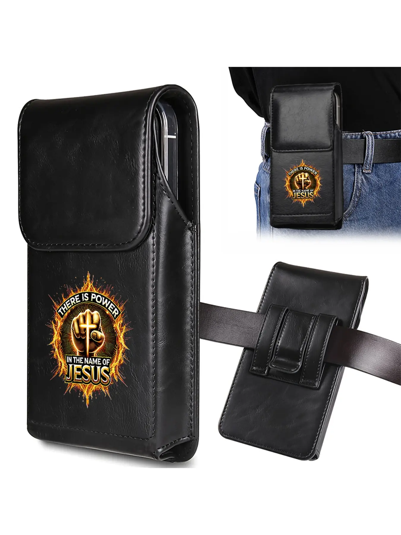 Men's outdoor mobile phone storage waist bag, decorated with fists, crosses, and "JESUS" patterns, is a gift about faith, a birthday gift/surprise/holiday gift for fathers/husbands/sons