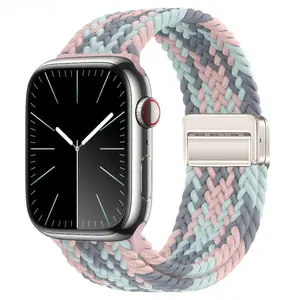 Magnetic Folding Buckle Braided Nylon Watch Band Elastic Waterproof Breathable Sport Replacement Strap Compatible with Apple Watch All Sizes Series SE Ultra