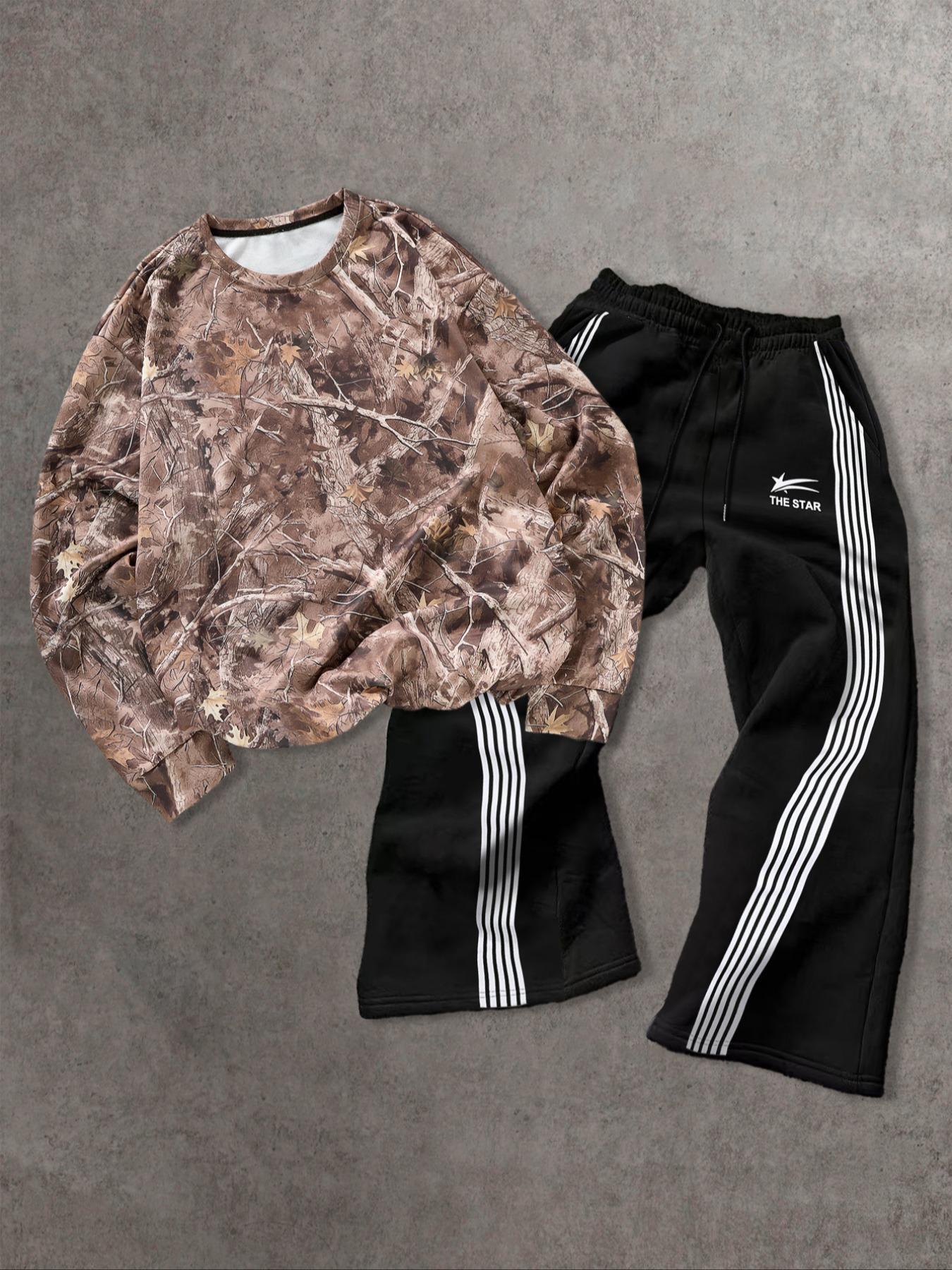 Two-piece Set Men's Branch Print Drop Shoulder Sweatshirt & Striped Print Wide Leg Pants, Regular Fit Casual Fashion Cozy Round Neck Long Sleeve Pullover & Elastic Waist Trousers for Daily Wear, Men's Outfits for Fall & Winter