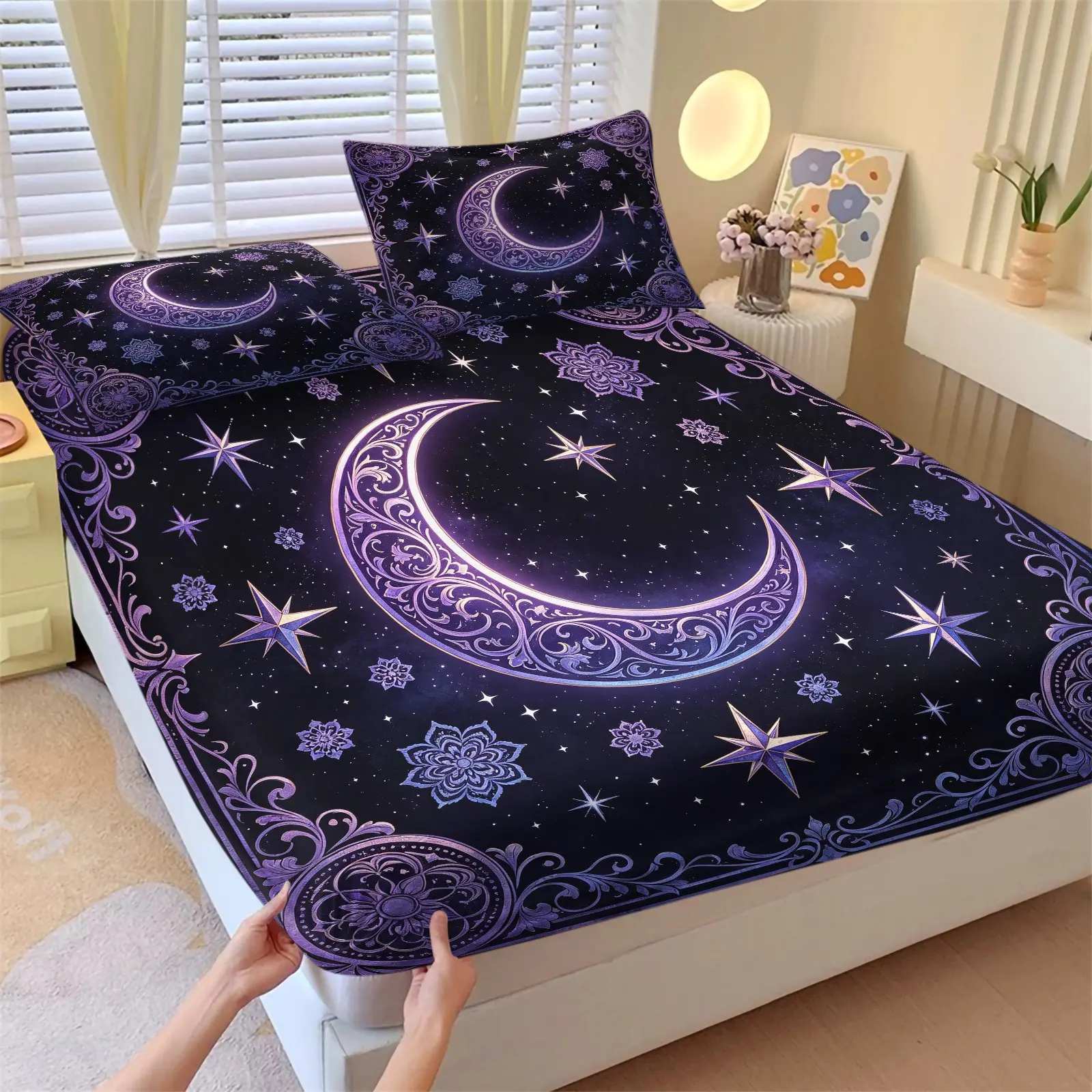 3PCS Purple Mandala Star Moon Fitted Sheet Set (1 Fitted Sheet + 2 Pillowcases),Soft Breathable Fabric,Deep Pocket Anti-Slip Full Wrap,HD Digital Print,Vintage Dreamy Celestial All Season Bedding
