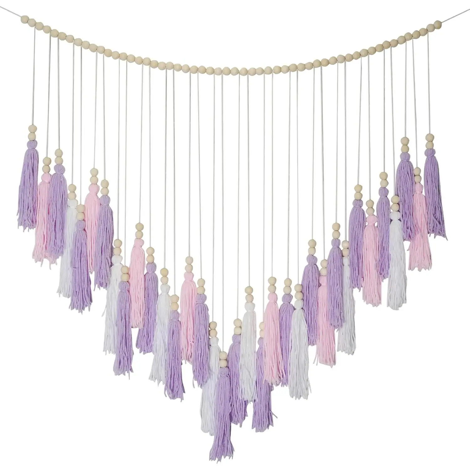 Boho Cotton Macrame Tapestry Wall Decor - 1-Piece Pink Purple Large Tassels with Wood Beads, 41" W x 32" H, Christmas Gift for Nursery Bedroom Wall