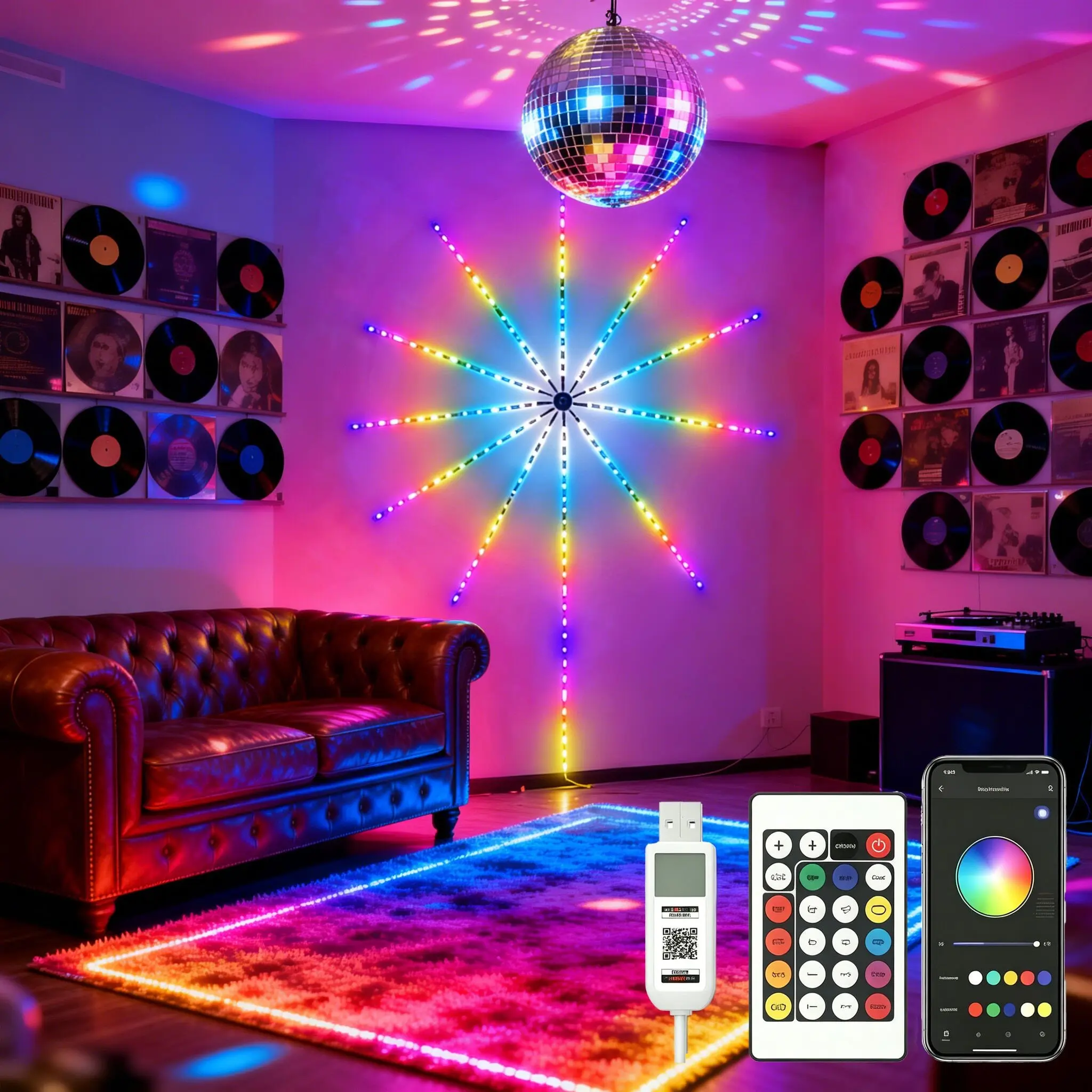 USB RGBIC Smart Fireworks LED Strip Lights, Music Sync Sound Activated Color Changing Atmosphere Lamp, Remote & Bluetooth APP Control Decor Light for Bedroom Bar Home Christmas Eid Party Indoor Decor