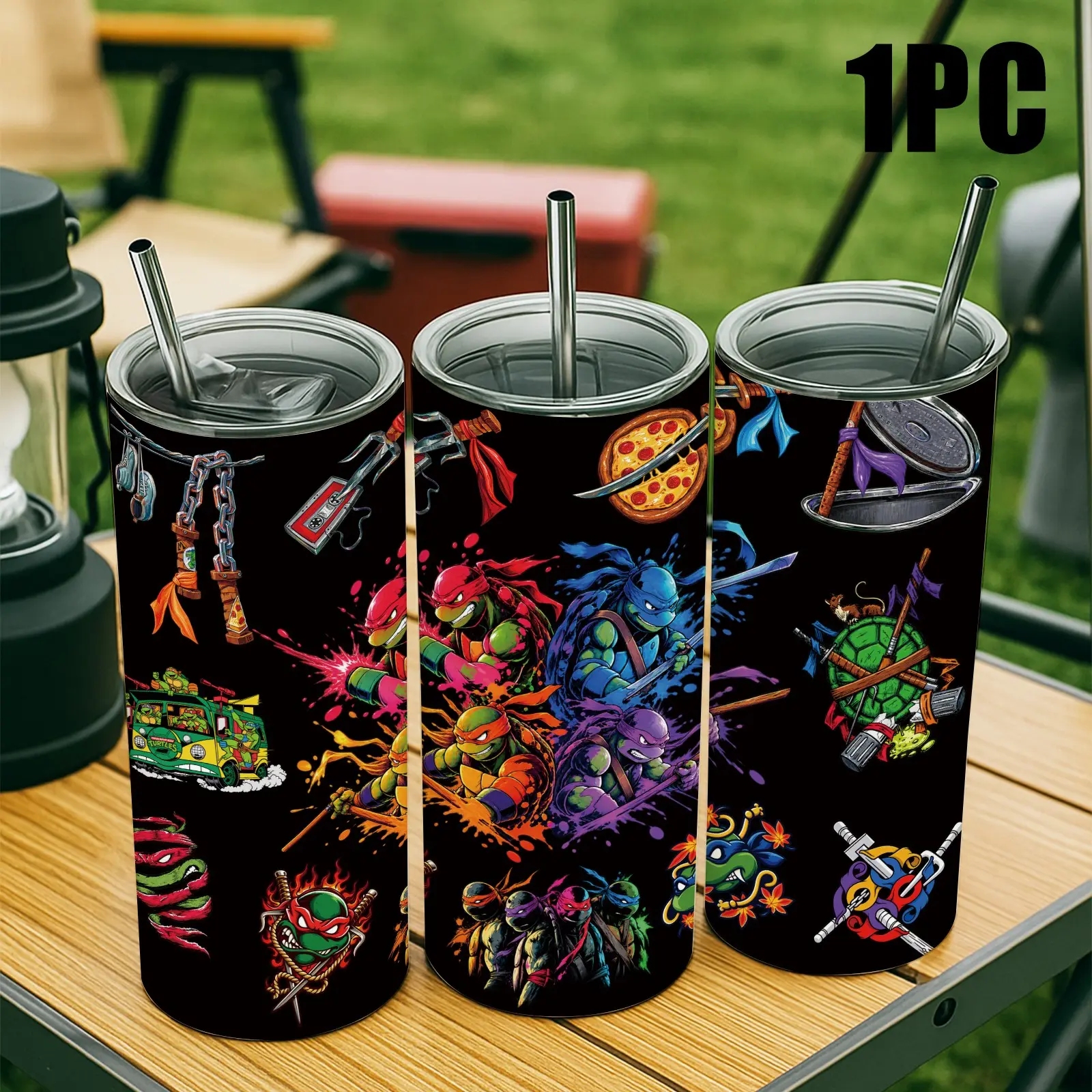 1PC 20oz Ninja Turtle Graphic Tumbler with Straw, Stainless Steel Vacuum Insulated Travel Cup, Colorful Retro Comic Print Skinny Tumbler, Sliding Lid, Hot & Cold Drink Cup for Home, Office, Car, Daily Use & Gift