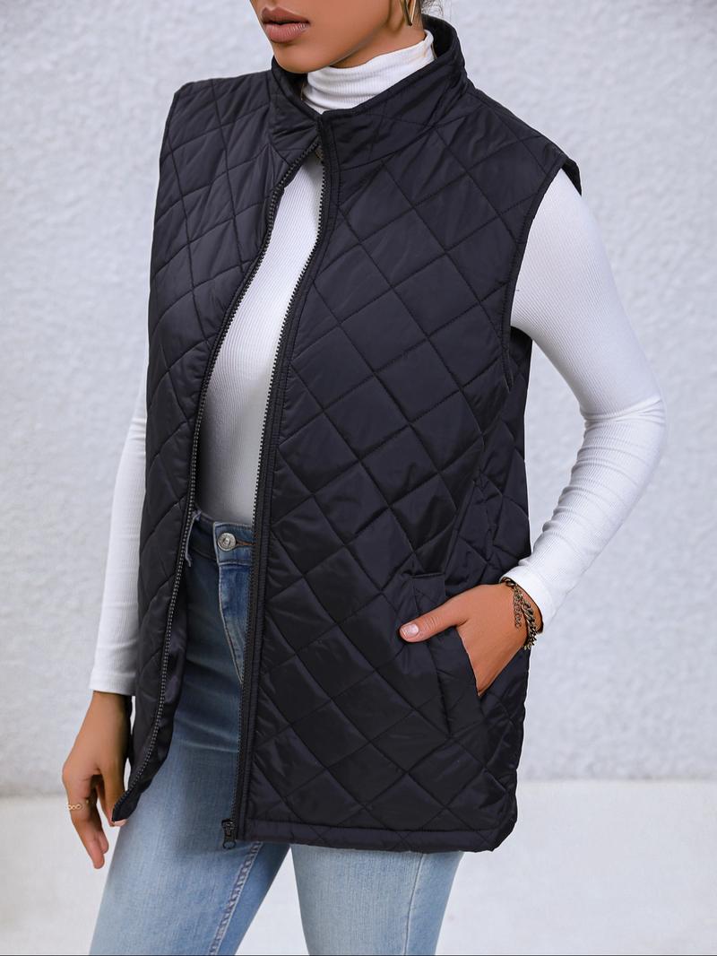 Women's Solid Mock Neck Zip Up Quilted Vest Coat, Casual Pocket Zipper Sleeveless Outerwear For Fall & Winter, Women's Clothes For Daily Wear