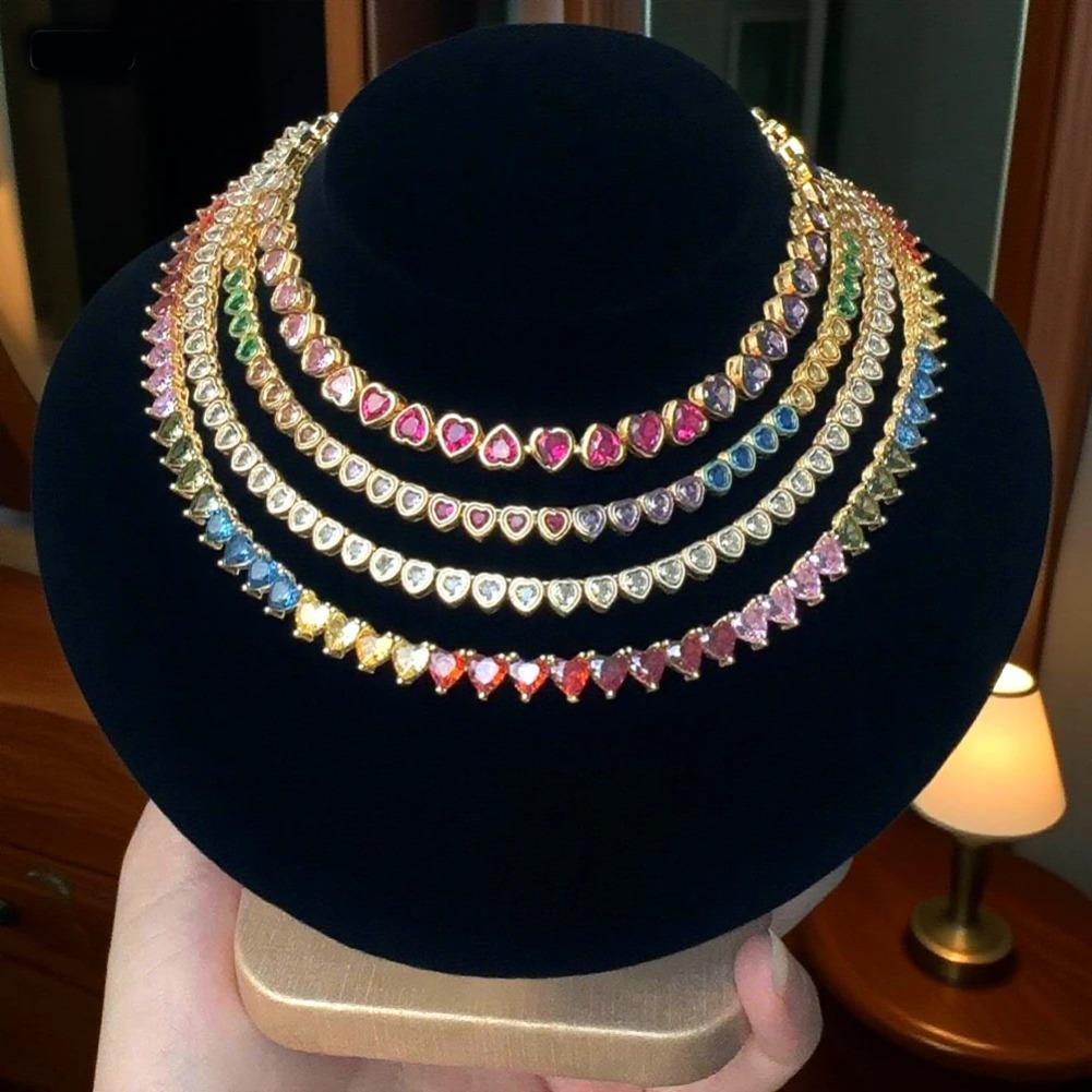 High Quality Gold Iced Round Heart Moissanite Tennis Chain Rainbow Necklace Hip Hop Trendy Choker Stackable Jewelry For Women Party Daily Streetwear Fashion Statement Piece Luxury Shiny Accessory