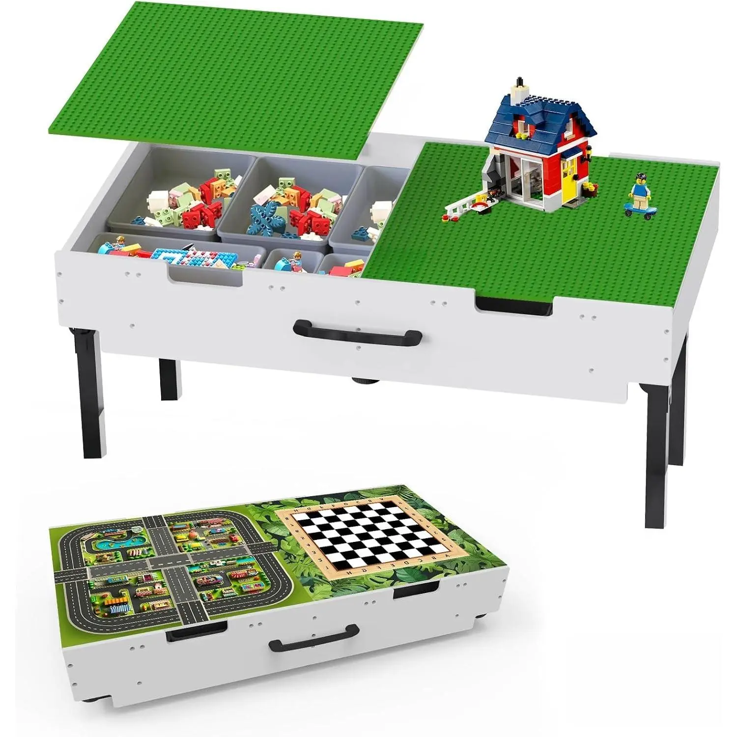Taladad&kydspac 3 in 1 Table with Storage,Wooden Kids Activity Table Compatible with Lego and Building Block,Construction+Train+Chess Toddler Play Table,Wheels for Under Bed or Sofa Storage