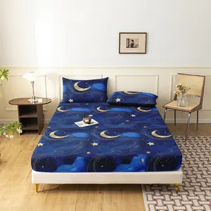 3 Pieces Dark Blue Galaxy Golden Moon Star Print Fitted Sheet Set, Night Sky Gold Swirl Star Celestial Printed Bedding, Dreamy Starry Bedding For Bedroom Home Decoration, Multiple Sizes Available (1 Fitted Sheet + 2 Pillowcases, No Pillow)