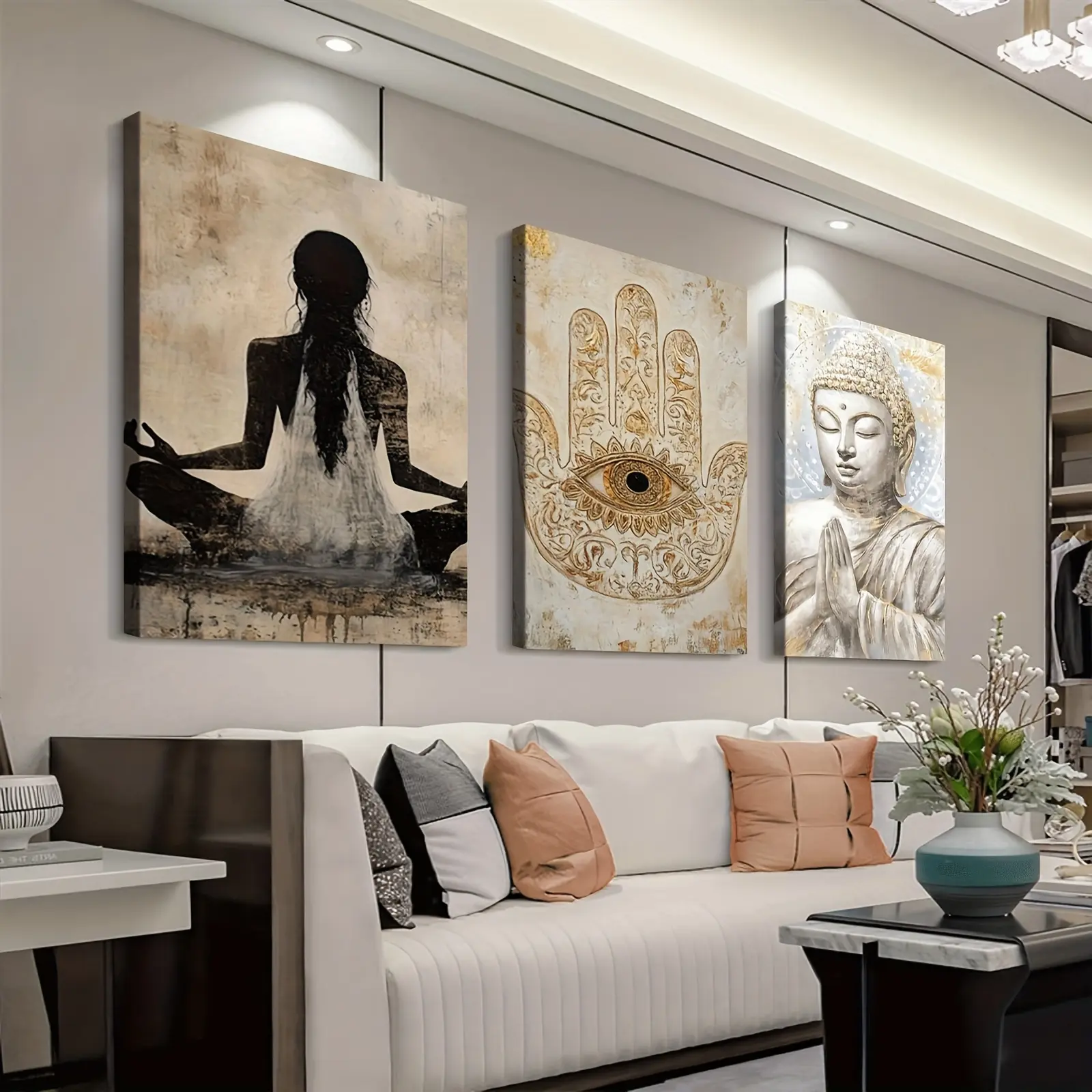 3-piece set with frame - Serene Yoga Hanasak Buddha art print themed canvas wall art framed painting clearance sale, 2D flat, suitable for Halloween, Christmas, winter and summer, luxurious interior decoration for him/her, bedroom, living rCanvas Wall Art