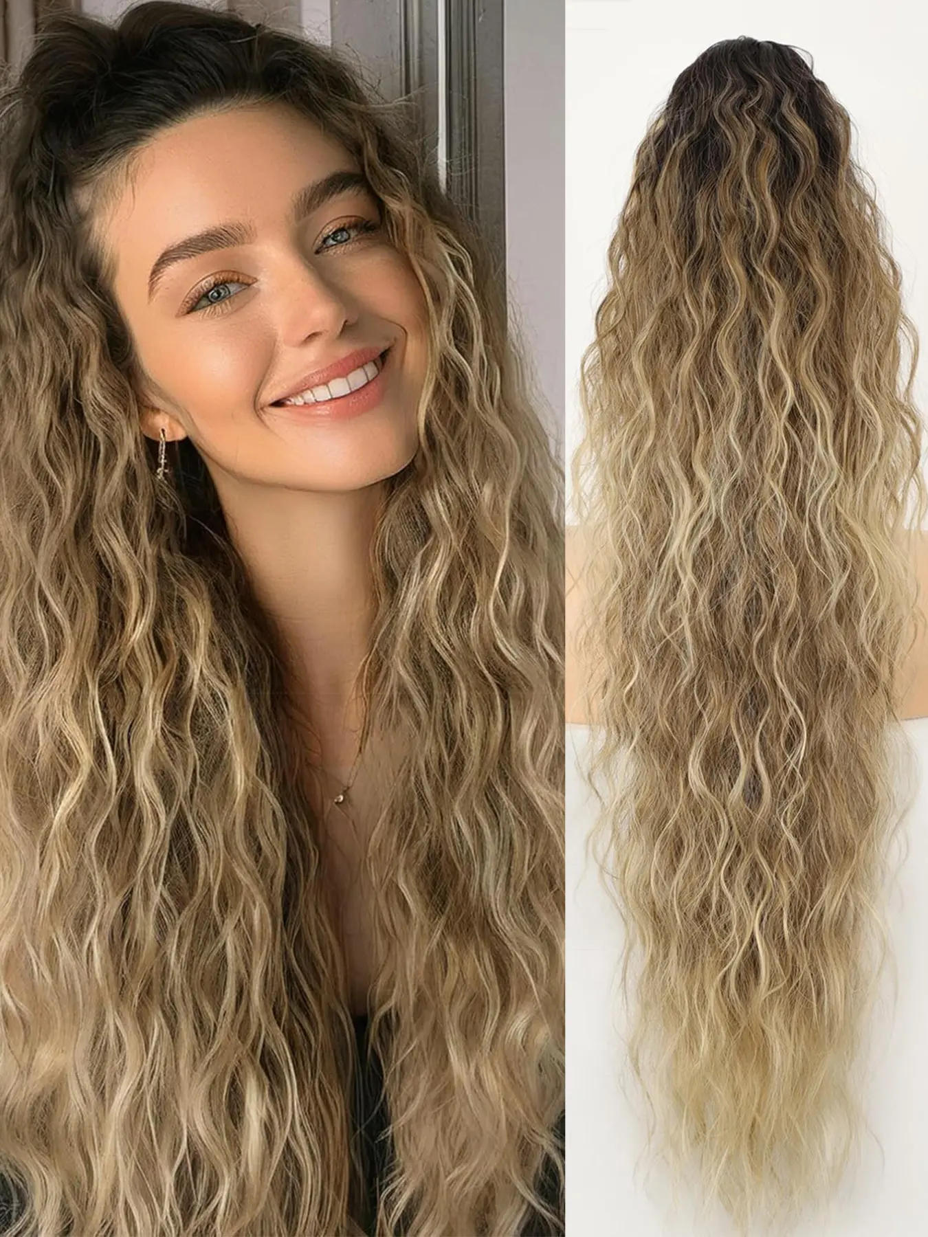 Ponytail Extension Claw 30 Inch Curly Pony Tail Clip in Claw Hair Extensions Fluffy Natural Looking Synthetic Hairpiece for Women Blonde Highlight