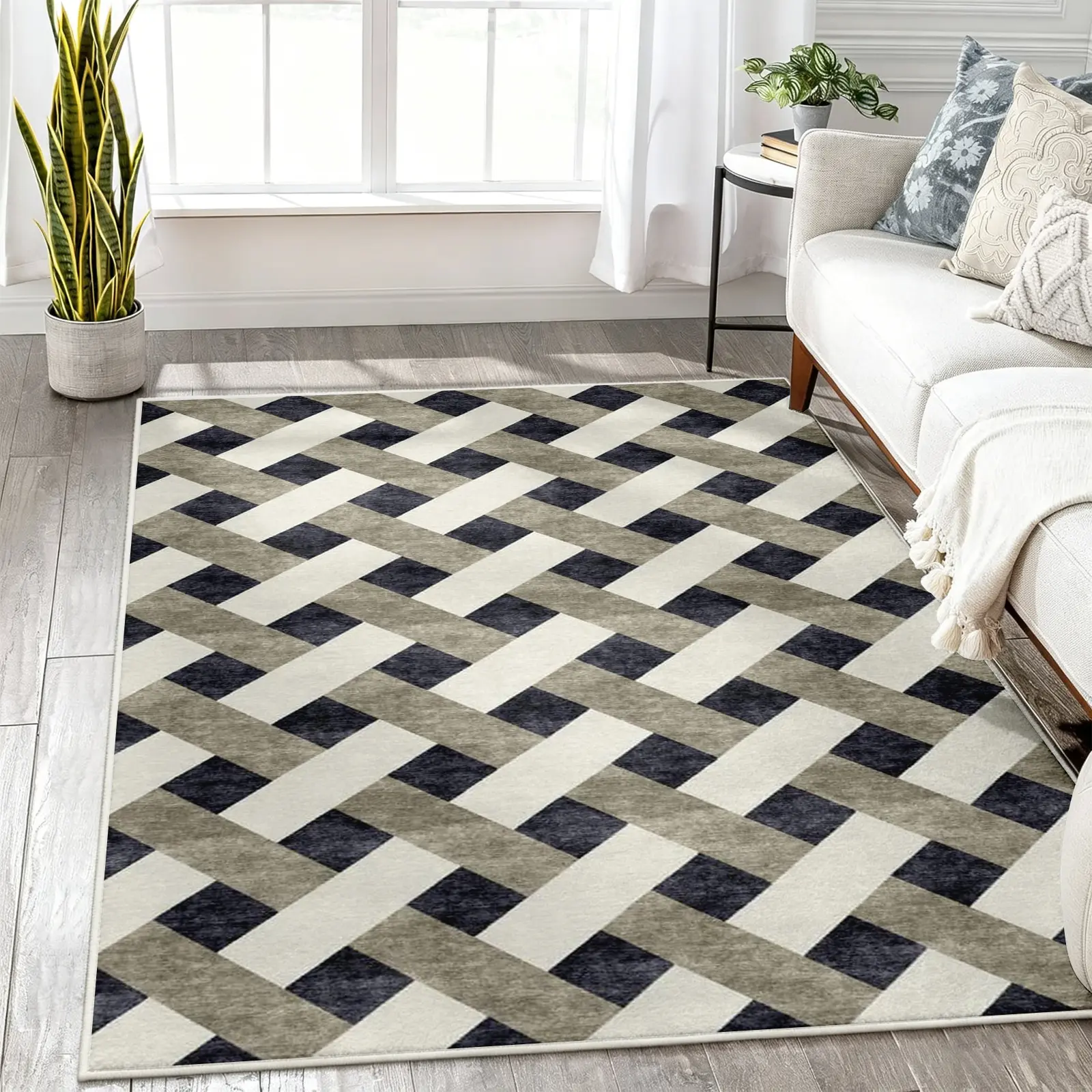 [Moving Season]Geometric Tile Pattern Area Rug, Neutral Color Block Carpet, Cozy Plush Faux Cashmere, Machine Washable Non Slip Rug for Bedroom Living Room Dining Room Office, Minimalist Home Decor, Room Decor (Various Sizes)