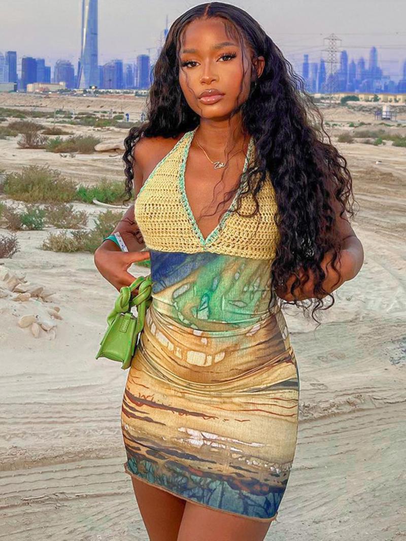 Women's Crochet Patchwork Backless Halter Neck Bodycon Dress, Casual Sleeveless Tie Back Hollow Out Dress for Summer, Fashion Women's Dress for Beach Holiday