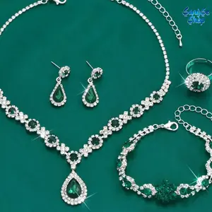 Elegant Emerald Jewelry Set for Women, Matching Necklace, Earrings, Bracelet & Ring Combo, Shiny Classic Fashion Accessories, Luxury Delicate Set for Daily Wear, Weddings, Parties, Dates & Holiday Gift Giving