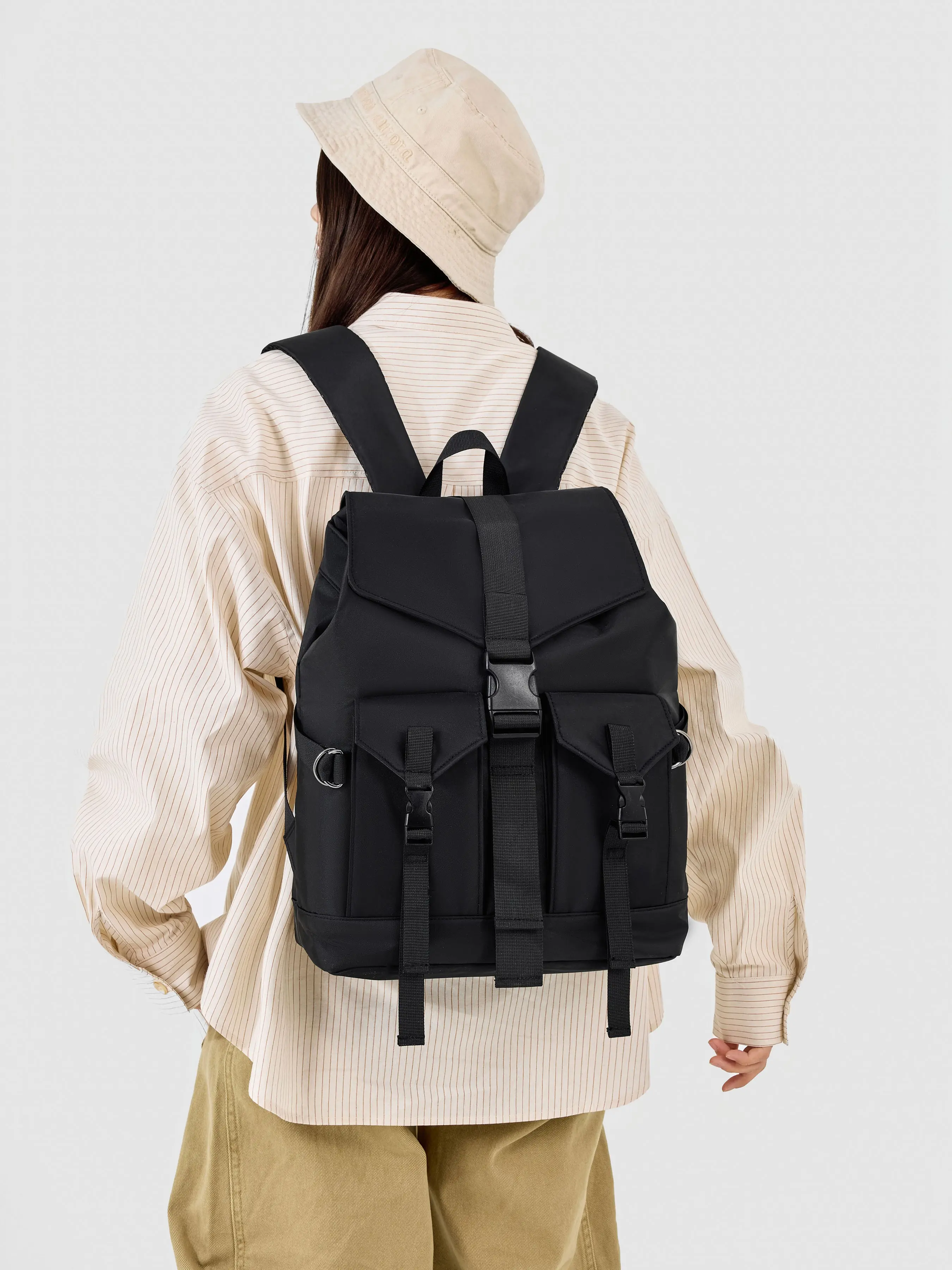 Japanese Style PU Leather Backpack, Flip-Top Design, Waterproof Durable, Multi-Layered, Unisex Casual Travel Bag, All Seasons