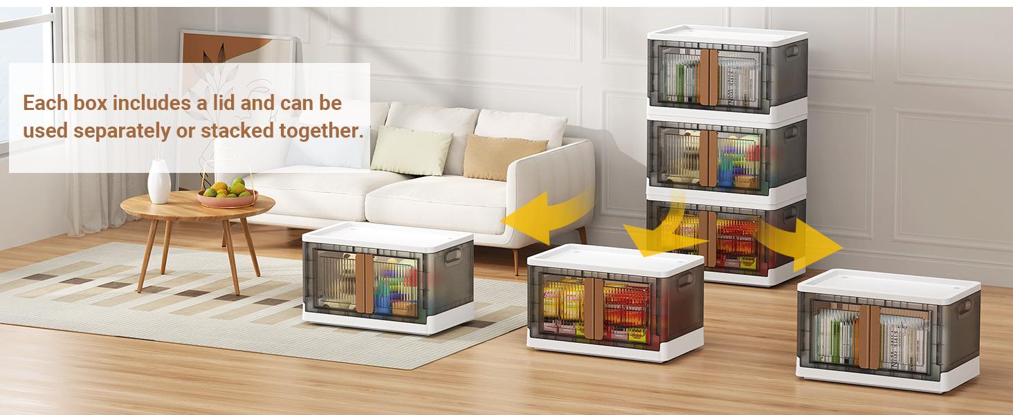 300QT Plastic Storage Bins With Lids, 75Gal Stackable Boxes With Wheels and Doors, Folding Closet Organizers, Cabinet for Closet Home Dorm, 3 Pack Brown