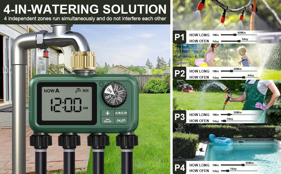 4 Zones Brass Inlet Timer for, Sprinkler Timer for Faucet with Auto/Manual/Rain Delay Mode, Sprinkler Irrigation Controller for Yard Lawn