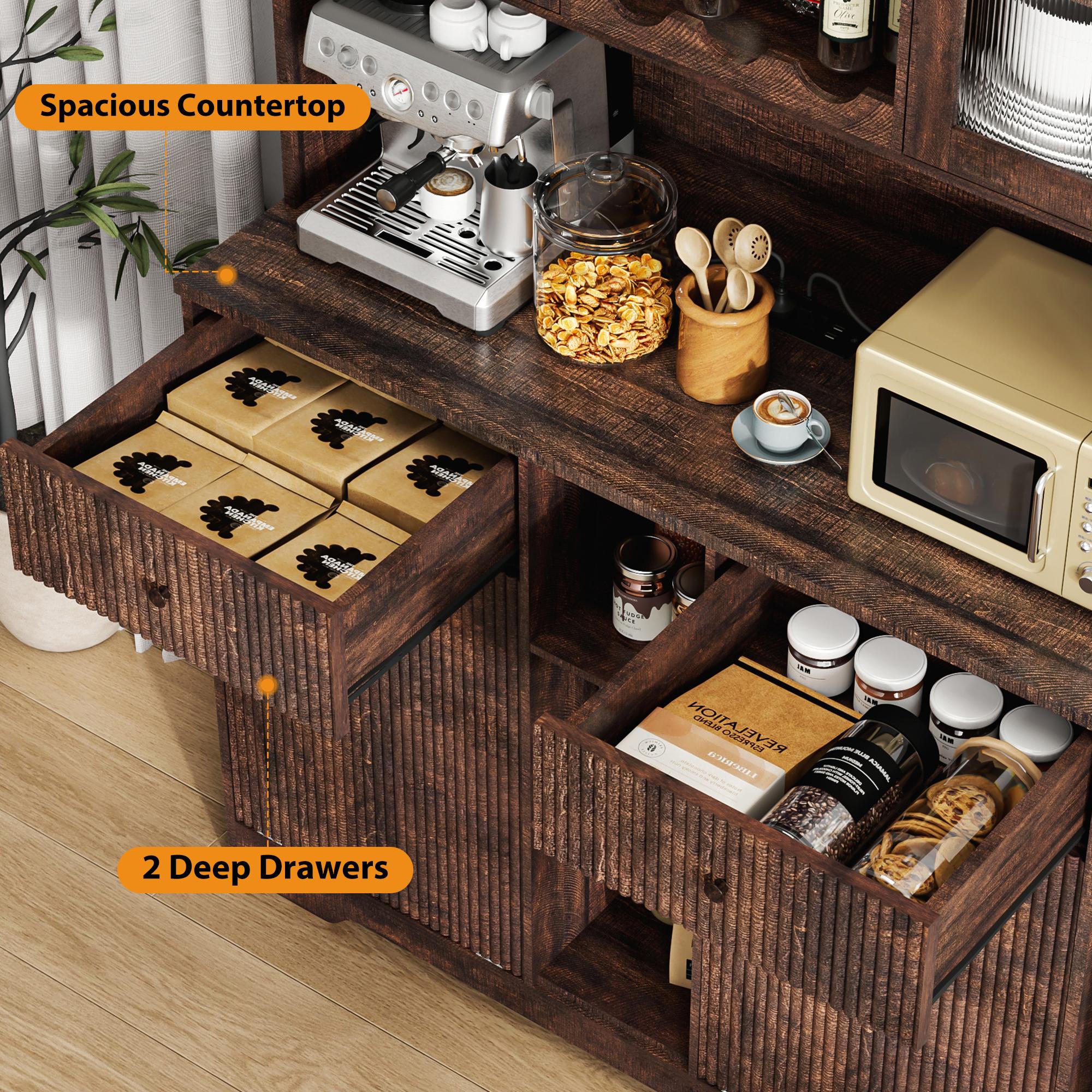 【2Packages Shipping】10×2 Gallon Double Tilt Out Garbage Can Hutch Cabinet with Two Drawers, 71'' Farmhouse Pantry Cabinet with Power Outlet, 47" Wide Pantry with Hidden Garbage Storage for Dining Room, White/Dark Brown
