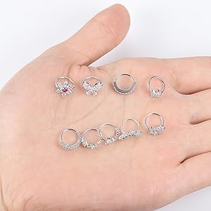 Trendy Summer 9pcs 20G Nose Rings Hoops for Women - Surgical Steel Paved CZ Cartilage Earring Hoop Cute Butterfly Flower Nose Piercing Jewelry - Silver, Gold, Black, Rose Gold