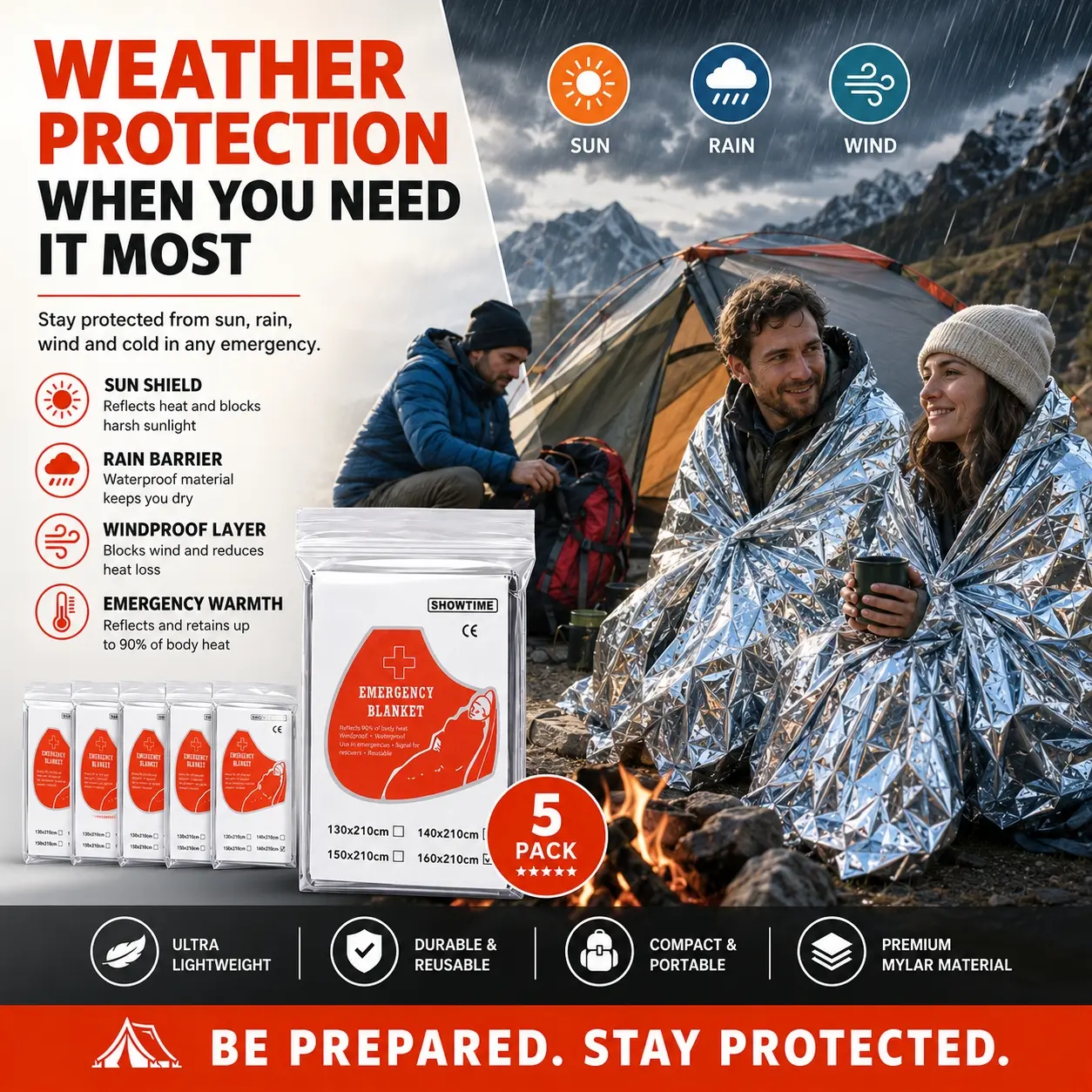 5-packs -Portable Emergency Blanket for Outdoor Survival, Reflective Mylar Thermal Sleeping Blanket with Heat Retention and Weather Protection, Lightweight Waterproof Rescue Blanket for Camping, Hiking, Backpacking, First Aid Kits, Emergency Supplies.