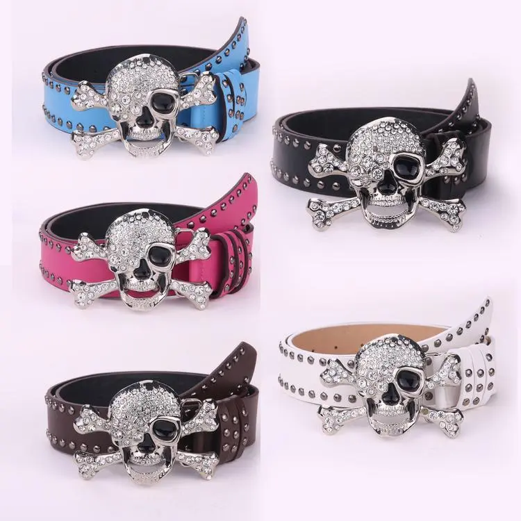 Gothic Punk Rhinestone Skull Crossbones Buckle PU Leather Belt, Metal Rivet Edge Snap Strap, Unisex Wide Waist Belt for Rock Concert Halloween Streetwear
