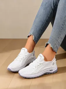 Women's Hollow Out Flyknit Elastic Laces Thick Sole Walking Shoes, Daily Walking Footwear, Super Breathable Mesh Lightweight Flexible Anti-Slip, Summer Casual Sports Shoes