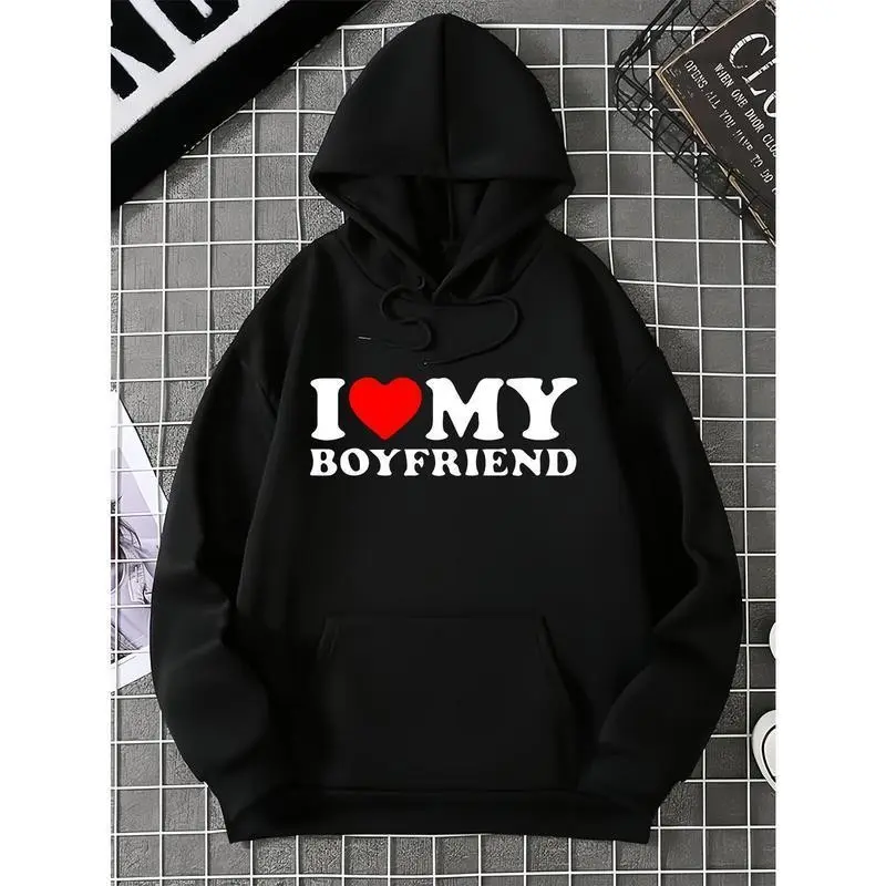 Cozy Cotton Blend Heart Print Hoodie - I Love My Boyfriend Pullover with Kangaroo Pocket - Casual Streetwear for Men, Perfect Valentine's Gift Black Long Sleeve