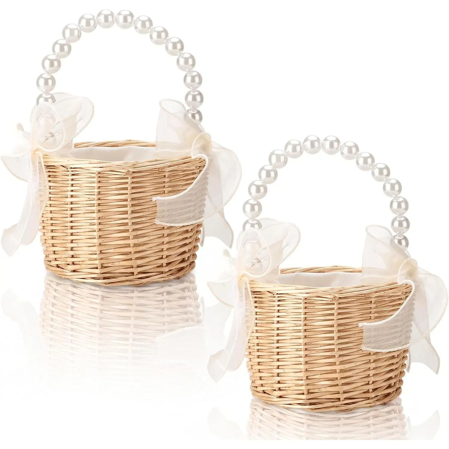 Classic 2-Piece Wicker Flower Girl Basket Set - Natural Rattan, Smooth Pearl Handle, Ribbons, Durable Handwoven Organiser for Wedding Proposal Gifts, Plant Display, Home Storage