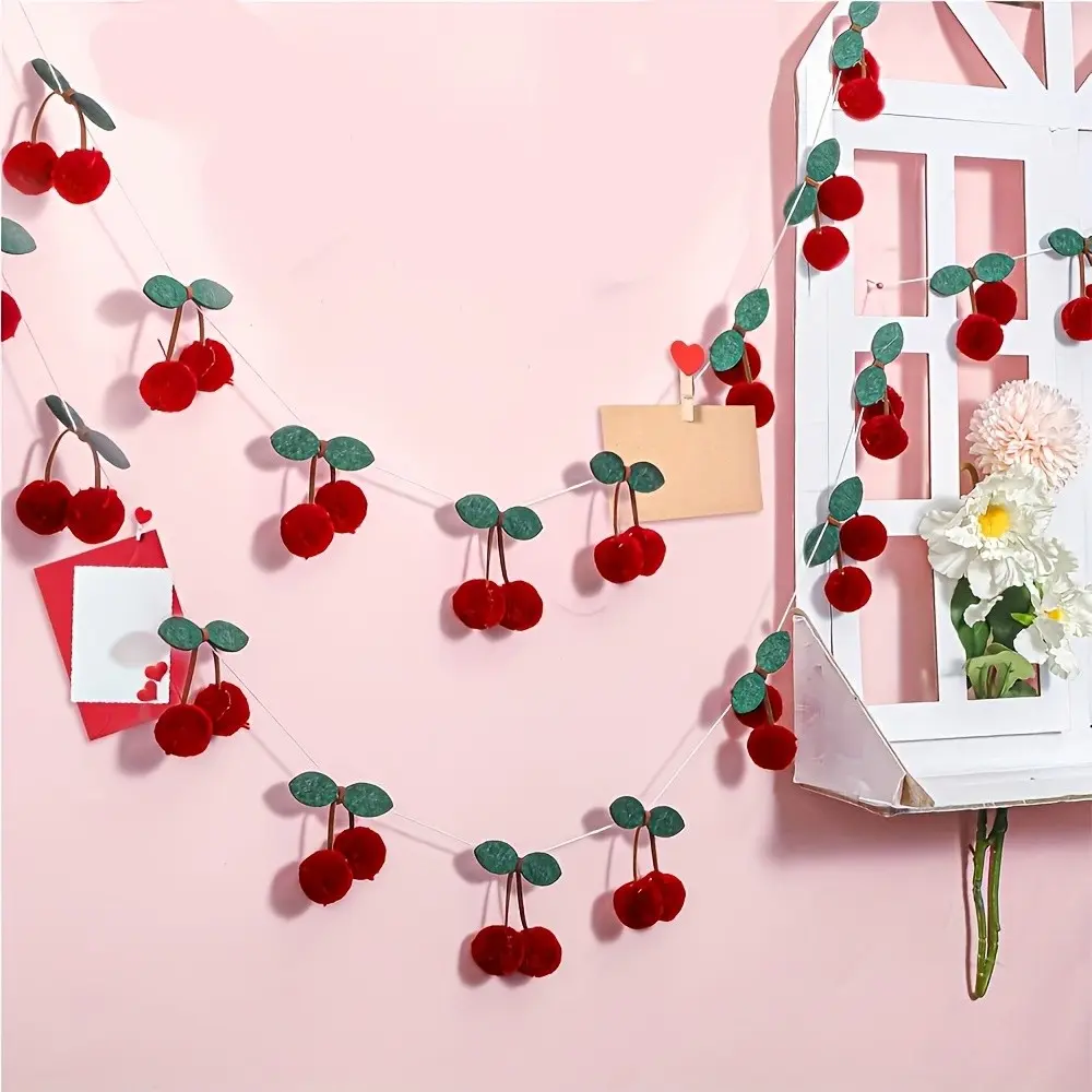 2pc Cherry Garland Decor - Cherries Party Decoration Supplies Pom Pom Felt Bunting Banner Colorful Fruit Hanging Ornaments for Birthday Wedding Summer