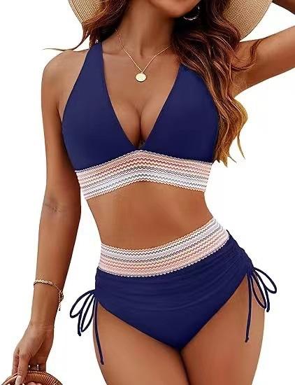 European and American style two-piece swimsuit for women, sexy solid color V-neck tight-fitting backless high-waisted bikini,   women's swimsuit
