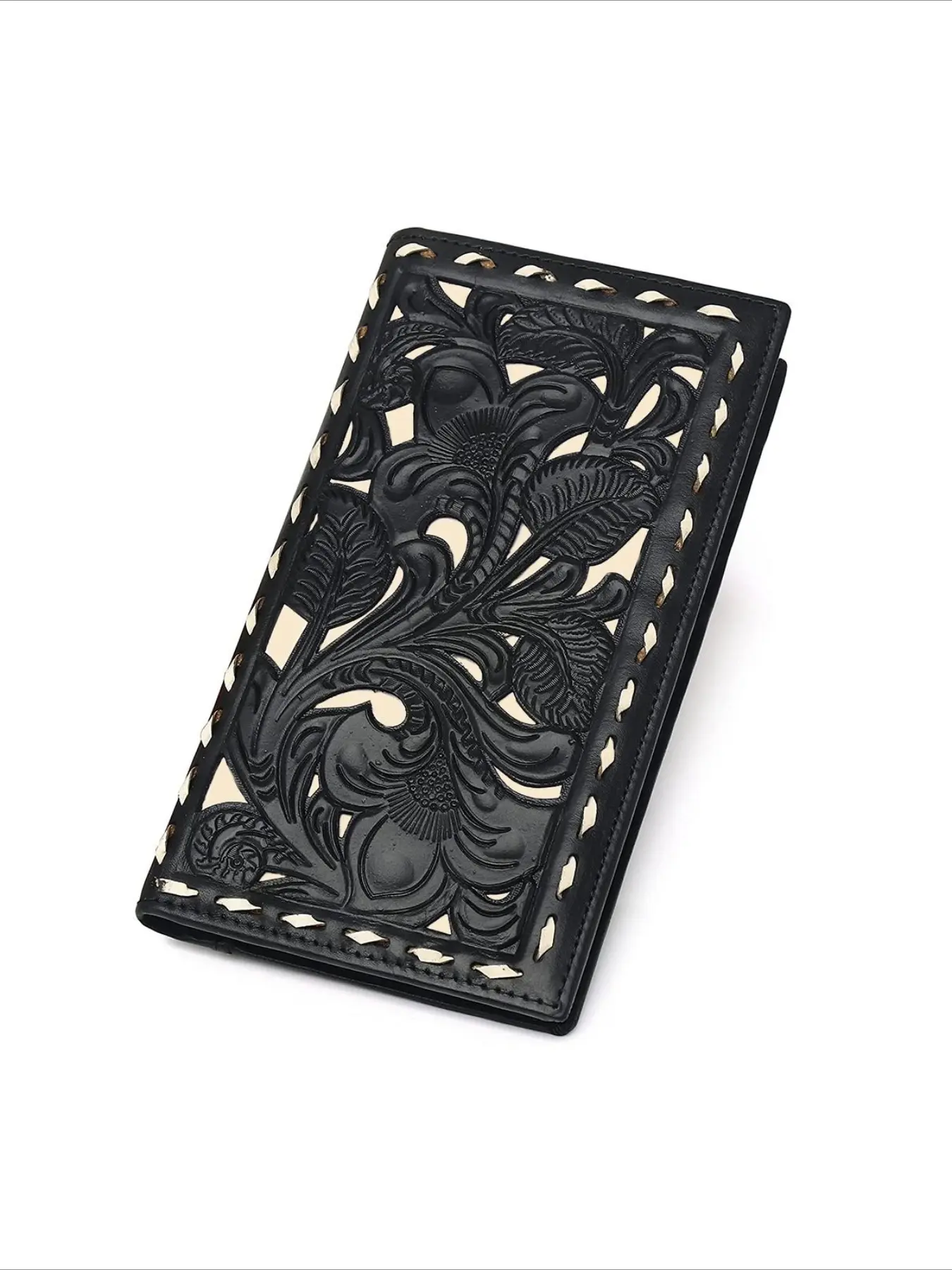 Western Cowboy Cowgirl Floral Embossed Genuine Leather Checkbook Wallet For Men western cowhide wallet
