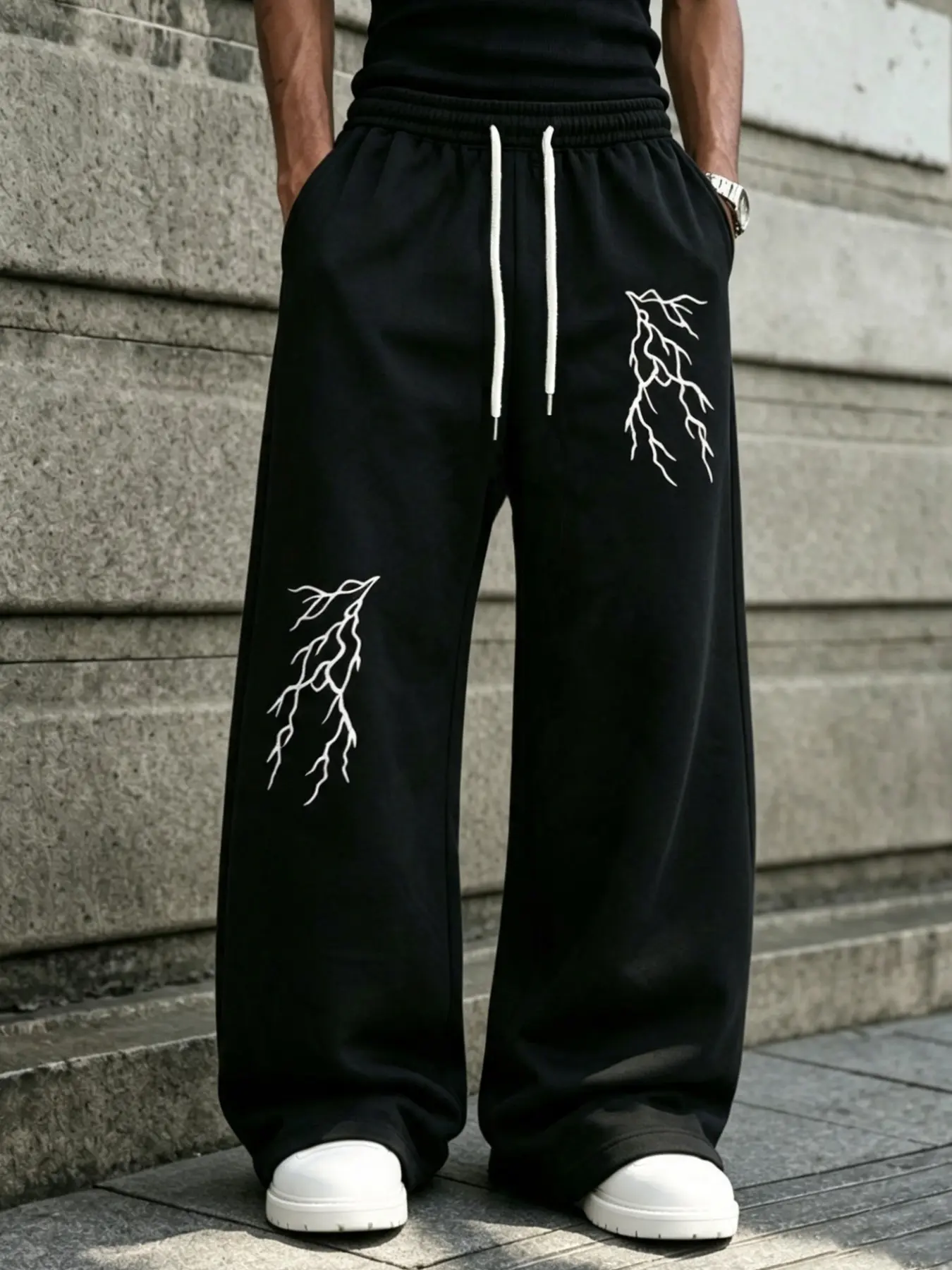 Men's Loose Fit Wide Leg Pants, Elastic Waist, Base, Embroidered Branches, Drawstring, Wrinkle-Resistant, Casual Style, All Seasons
