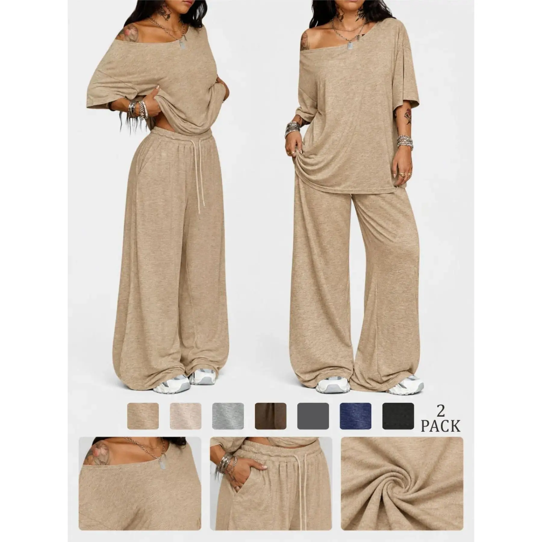 Women's Casual Solid Color 2-Piece Set Slant Neck Top & Wide Leg Pants Athleisure Activewear Outfit