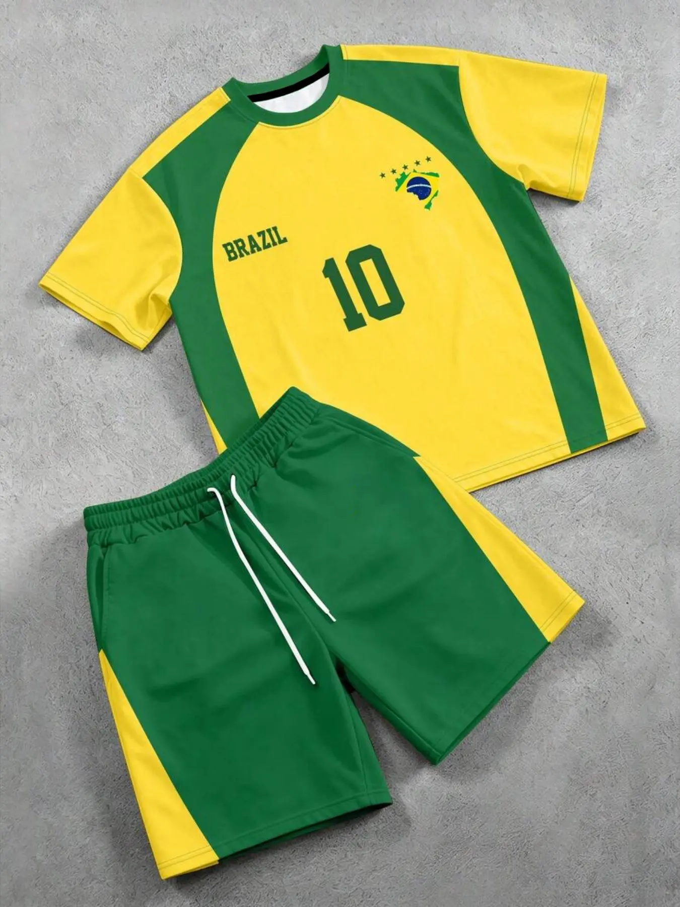 Men's Summer Streetwear Brazil-Inspired Print Round Neck Jersey Tee & Drawstring Shorts Set, Breathable Mesh Top, Casual Holiday Two-Piece, Menswear Outfit