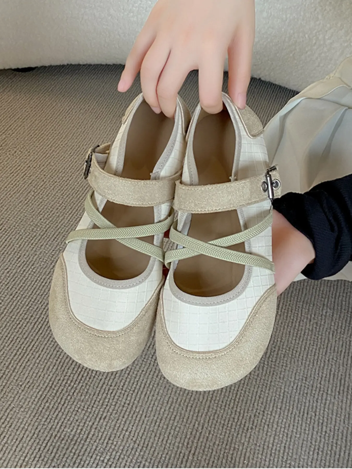 Women's Retro Cross Strap Strappy Mary Janes Flat Shoes, Patchwork Suede Mesh Square Toe Ballet Flats, Soft Anti-Slip Casual Walking Shoes, &