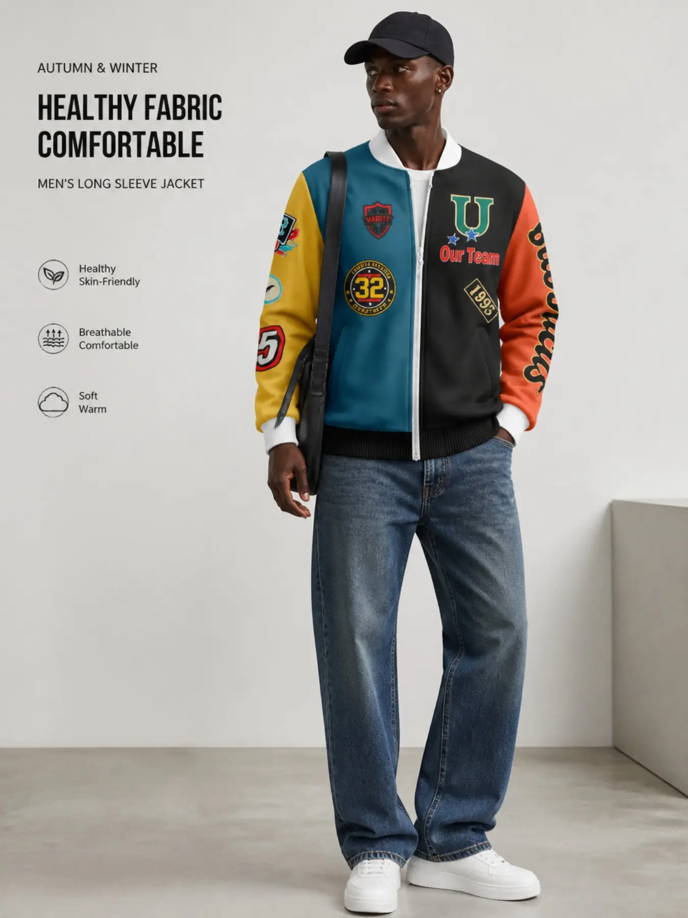 Men's Vintage Patch Team Baseball Jacket, Colorblock Letter Badge Full Zip Windproof Jacket, Casual Streetwear Fall Winter Outerwear