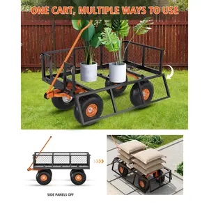 3-in-1 Heavy Duty Steel Garden Cart – 1200 lbs Outdoor Wagon, Removable Mesh Sides, 10"/13" All-Terrain Wheels, 180° Rotating Handle, Multi-Function Metal Utility Yard Cart for Lawn, Soil, Tools, Plants