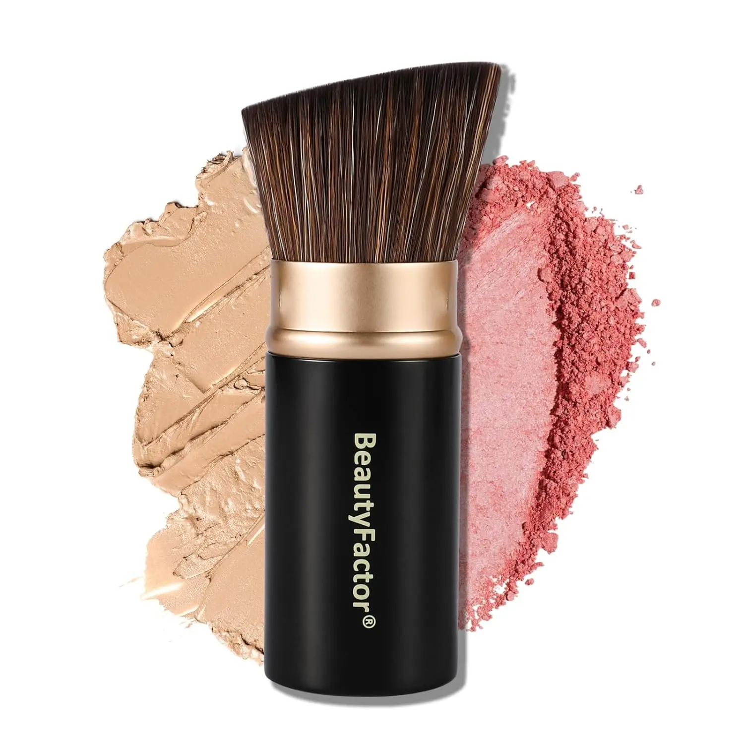 Retractable Angled Top Kabuki Makeup Brush, Compact On-the-Go Travel Brush with Aluminum Handle for Liquid, Cream and Powder Face Application