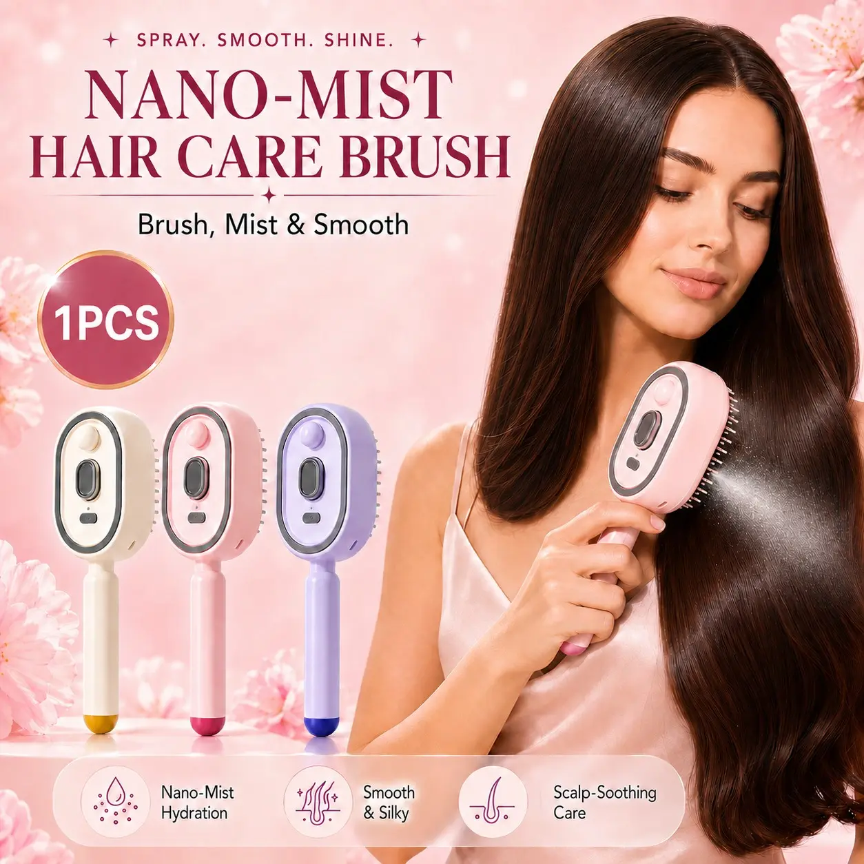 2026 Nano Mist Hair Care Brush, Electric Spray Detangler Brush with Air Cushion Massage Comb, Refillable Water Mister Hairbrush for Wet, Curly, Wavy & Dry Hair, Scalp Oil Applicator