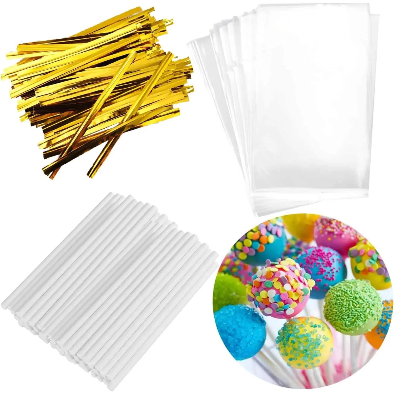 300PCS Lollipop Cake Pop Treat Bag Set Including 100pcs Parcel Bags, Papery Treat Sticks, Gold Metallic Twist Ties for Making Candies, Chocolates and Cookies
