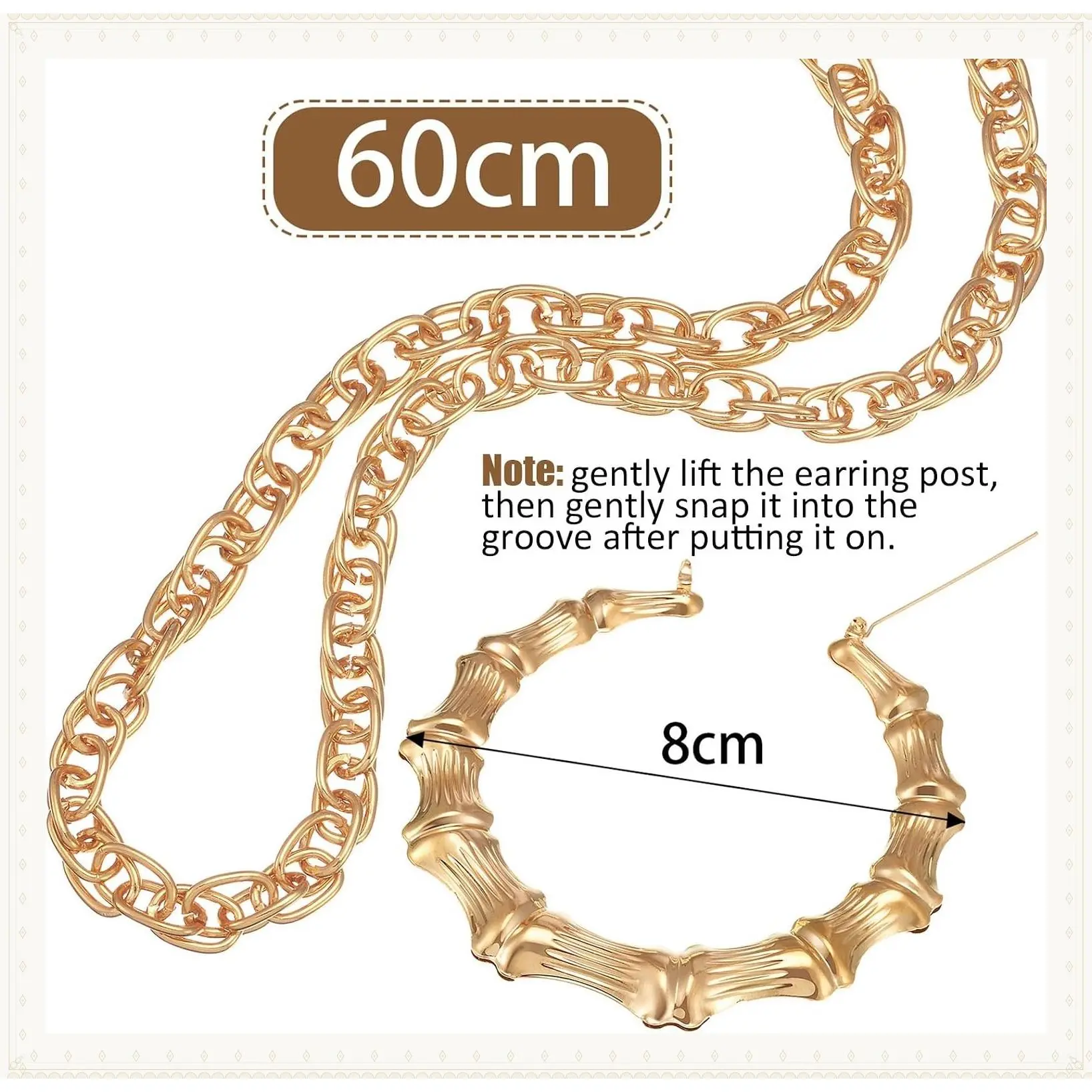 Hip Hop 90s Rapper Accessories for Woman Sunglasses Chain Earrings | Bamboo Hoop Earrings, Faux Gold Rope Chain, Oversized Shades, 80s Punk Costume SetGift