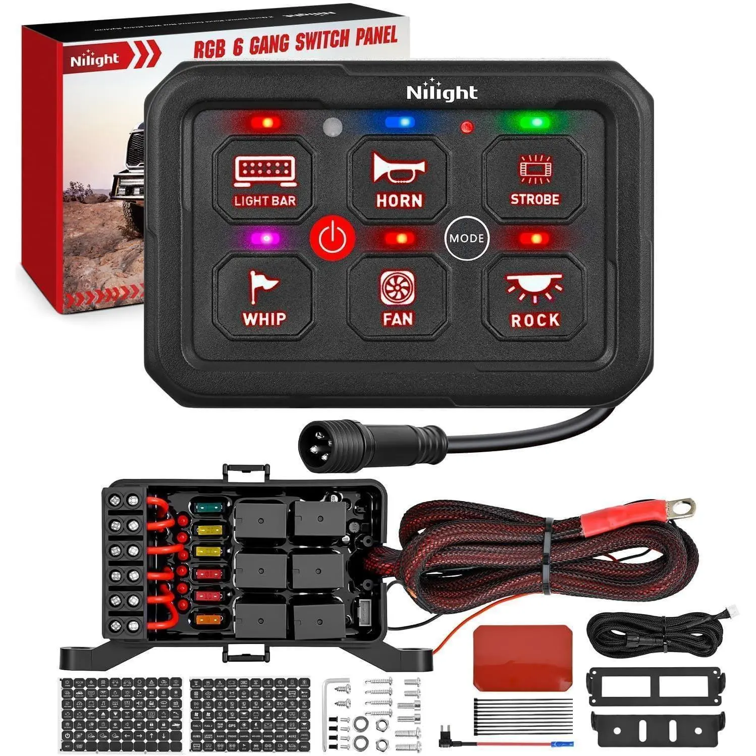 Nilight 6-Gang Compact Backlighted Switch Panel Complete Kit - 12-24V DC Red Circuit Control Relay System, Fuses, Wiring Harness, Multi-Control Toggle/Momentary/Strobe Modes, Auto-Dimming for Cars, Trucks