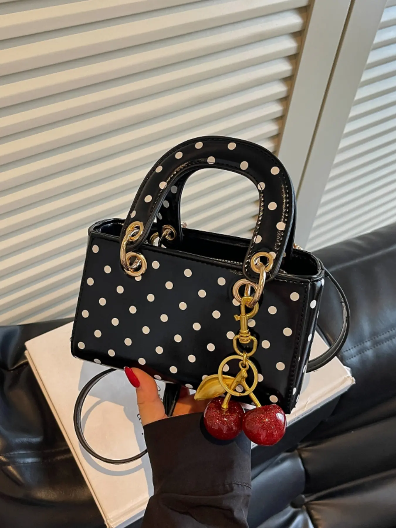 Cute Polka Dot Mini Handbag With Cherry Pendant Detachable Adjustable Strap Sweet Textured Women Shoulder Crossbody Bag Easy To Match For Daily Outings