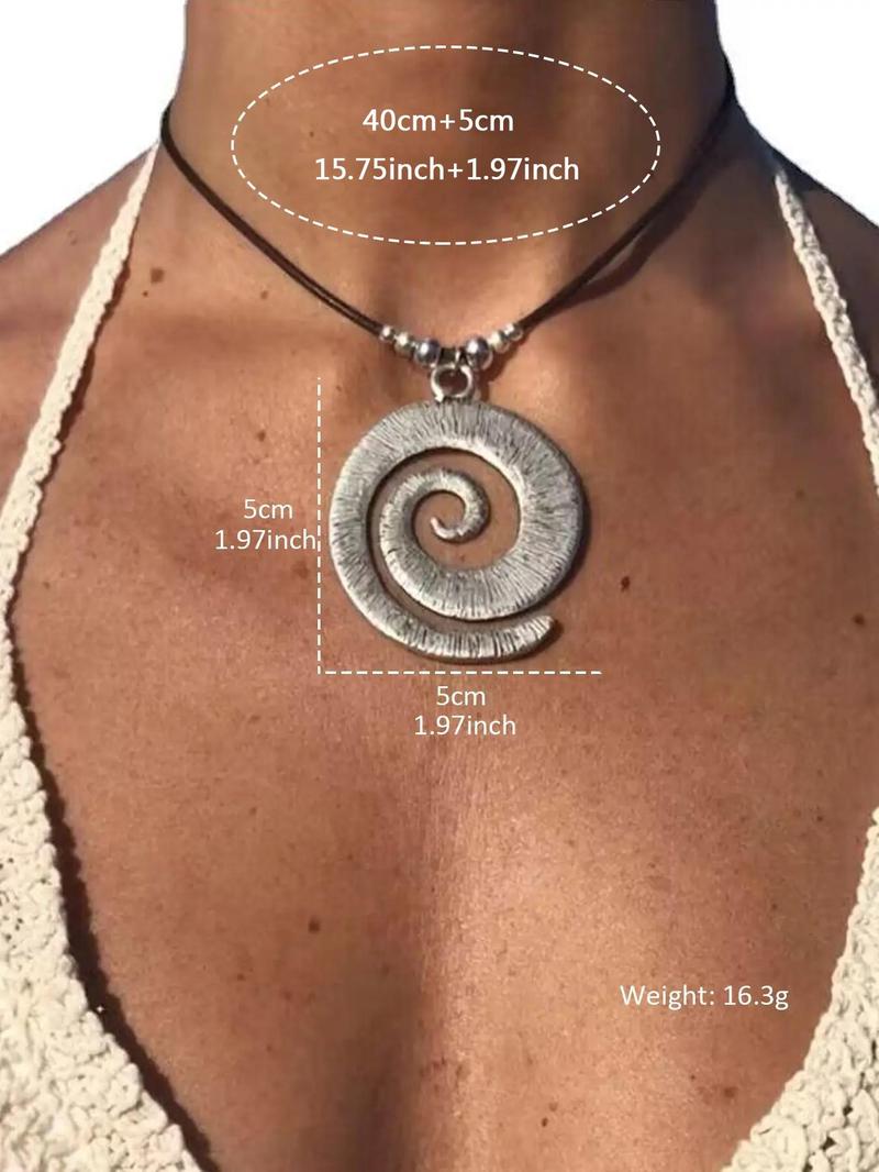 Women's Vintage Spiral Design Pendant Necklace with Leather Cord, Boho Chic Jewelry, Mexican Necklaces, Charm Necklace, Statement Necklace, Necklaces for Women, Vintage Bohemian Jewelry, Boho Style Jewelry
