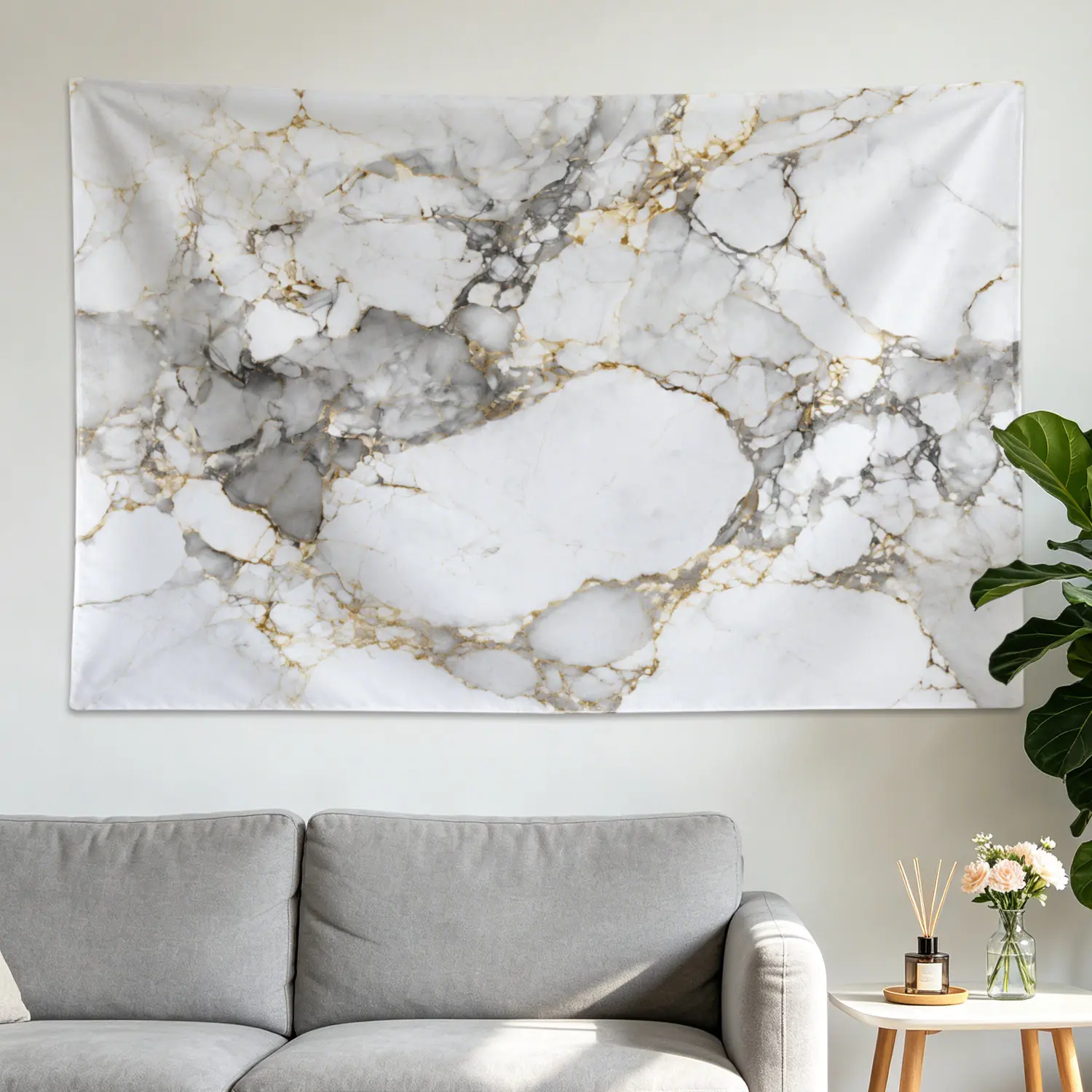 White Gold Marble Texture Polyester Wall Tapestry - Large Horizontal High-Def Print, Colorfast Hippie Vibe Wall Hanging, No Installation Required, Bedroom Decor, Gift Idea for Family